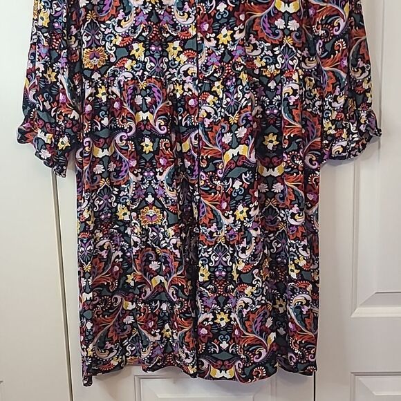 LOFT Floral Button Front Tiered Multicolor Floral Long Sleeve Dress Size XL - Picture 4 of 13